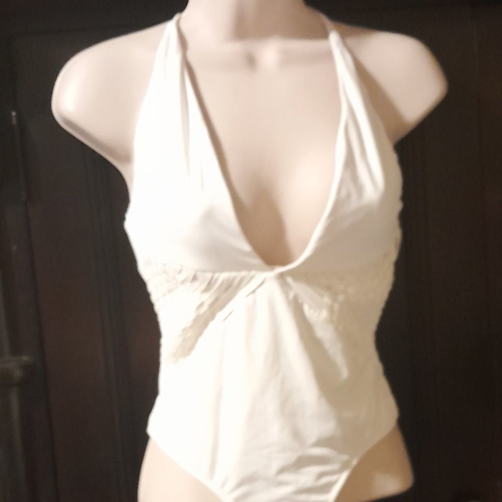 New Clube Bossa Plunge one piece swimsuit White Creme Woven Boho Criss-cross